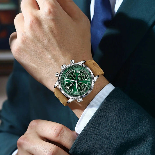 POEDAGAR | Herren-Chronograph aus Edelstahl – Quarzwerk & Lederarmband