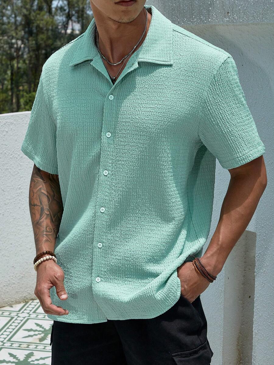 N&G | Herrenhemd im Resort-Stil – Jacquard-Struktur mit Stehkragen