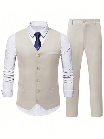 N&G | Herren-Set – Ärmellose Weste mit V-Ausschnitt und Slim-Fit-Anzughose