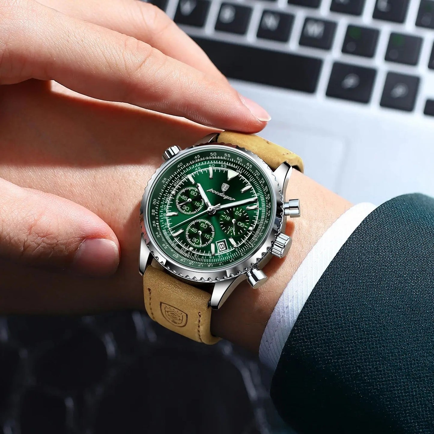 POEDAGAR | Herren-Chronograph aus Edelstahl – Quarzwerk & Lederarmband